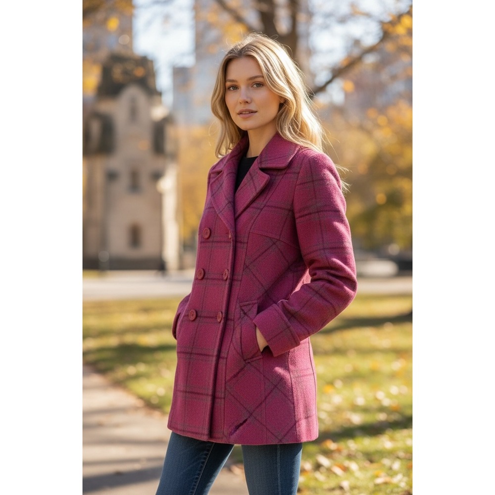 Moda International Pink Plaid Double Breasted Wool Blend Coat Size S